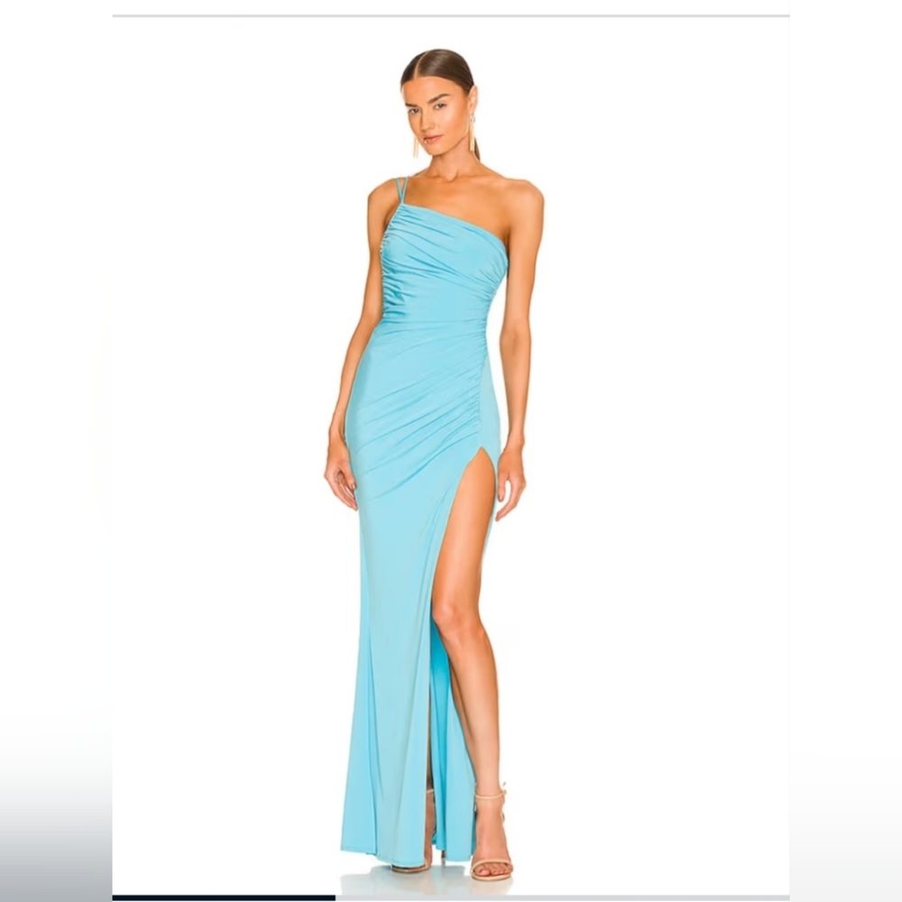 Katie May One-Shoulder Aqua Blue Maxi Dress with High Slit